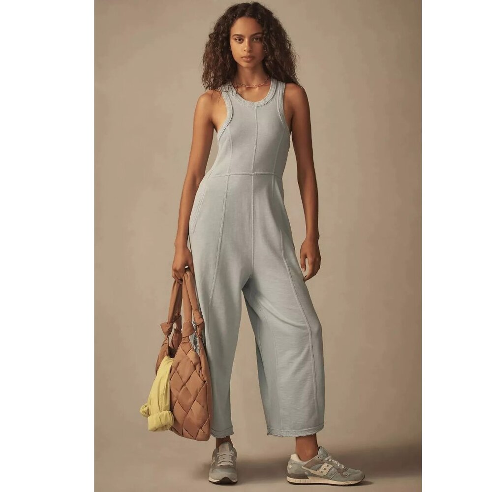 Anthropologie Light Blue Jumpsuit w/ drawstring leg detail and adjustable length